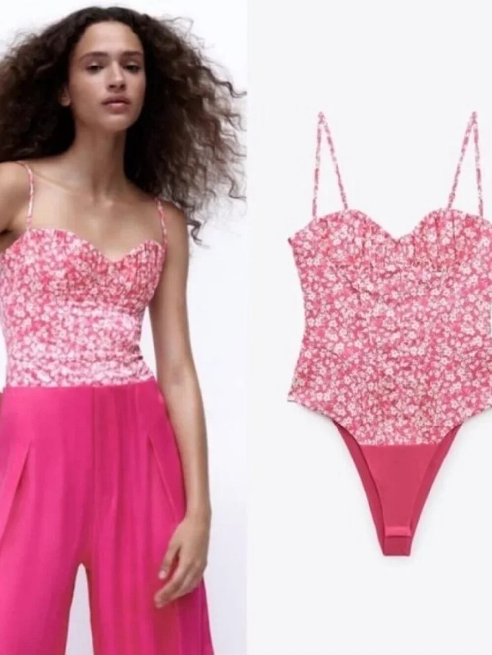 Zara Printed Corset Bodysuit Pink White Floral size XS